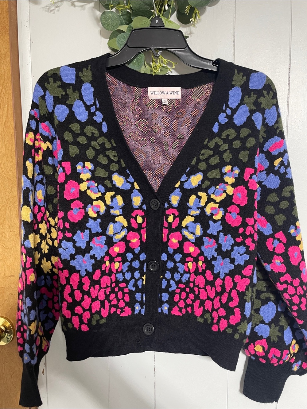 Willow & Wind Black Floral Multicolor V-Neck Button Cardigan